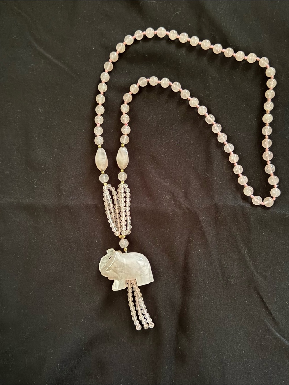 Hand-Carved Rose Quartz Elephant Pendant Necklace - Pink Beaded Women’s Jewelry